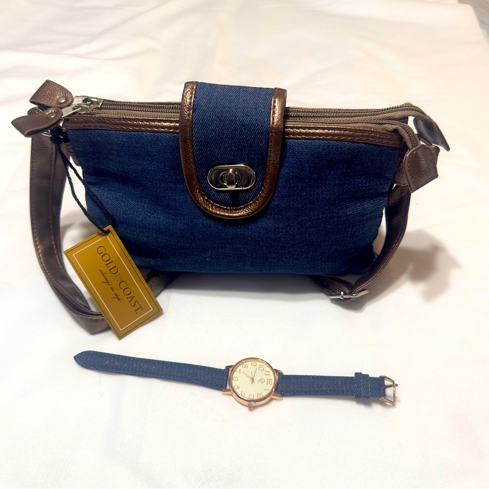 BOGO FREE Gold Coast Denim Handbag with Matching Watch NWT